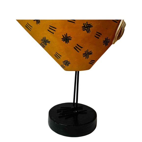 Handcrafted Wooden Yellow Decorative Rooster With Raffia Tail & Black Base Stand - Picture 6 of 10